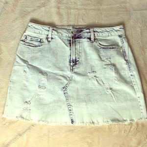 Whitewash and distressed cutoff denim mini skirt